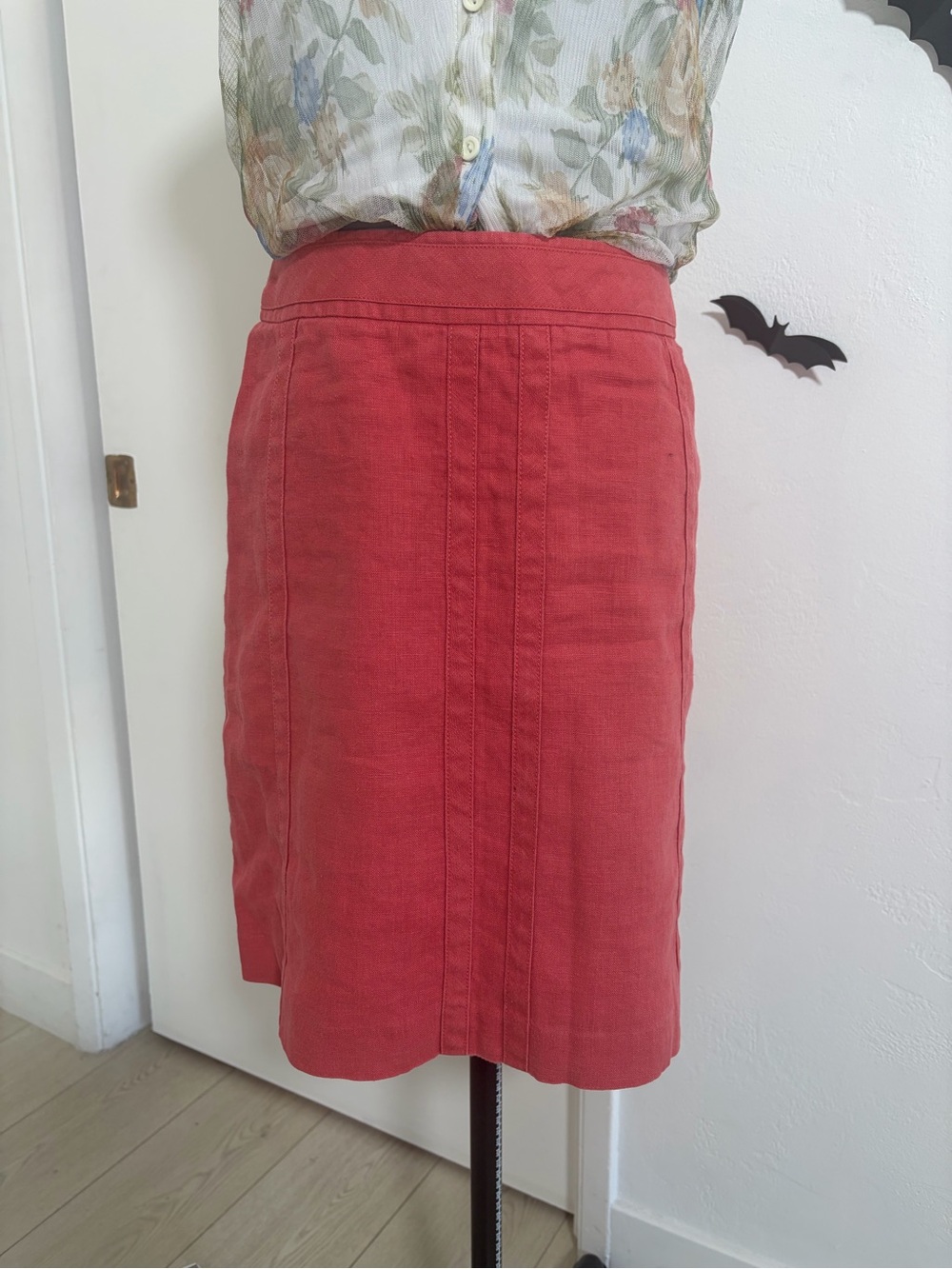 Ann Taylor 100% Linen Coral Corduroy Midi Skirt